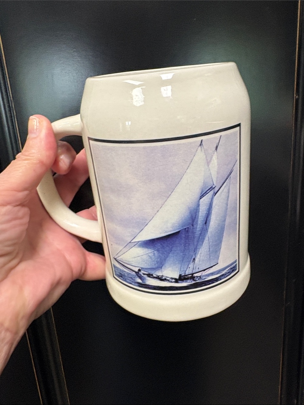 Vintage Nautical Sailboat Ceramic Beer Stein Mug - Blue on Cream